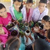Crianças exibindo as sementes germinando